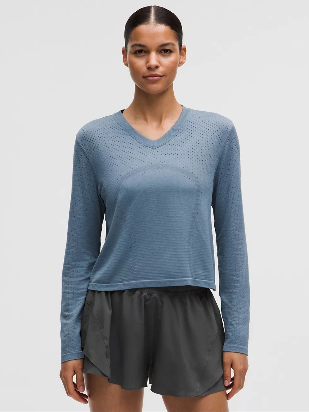 NWT Lululemon Swiftly Open-Hole V-Neck Long-Sleeve Shirt Steel Blue Size 12 $78